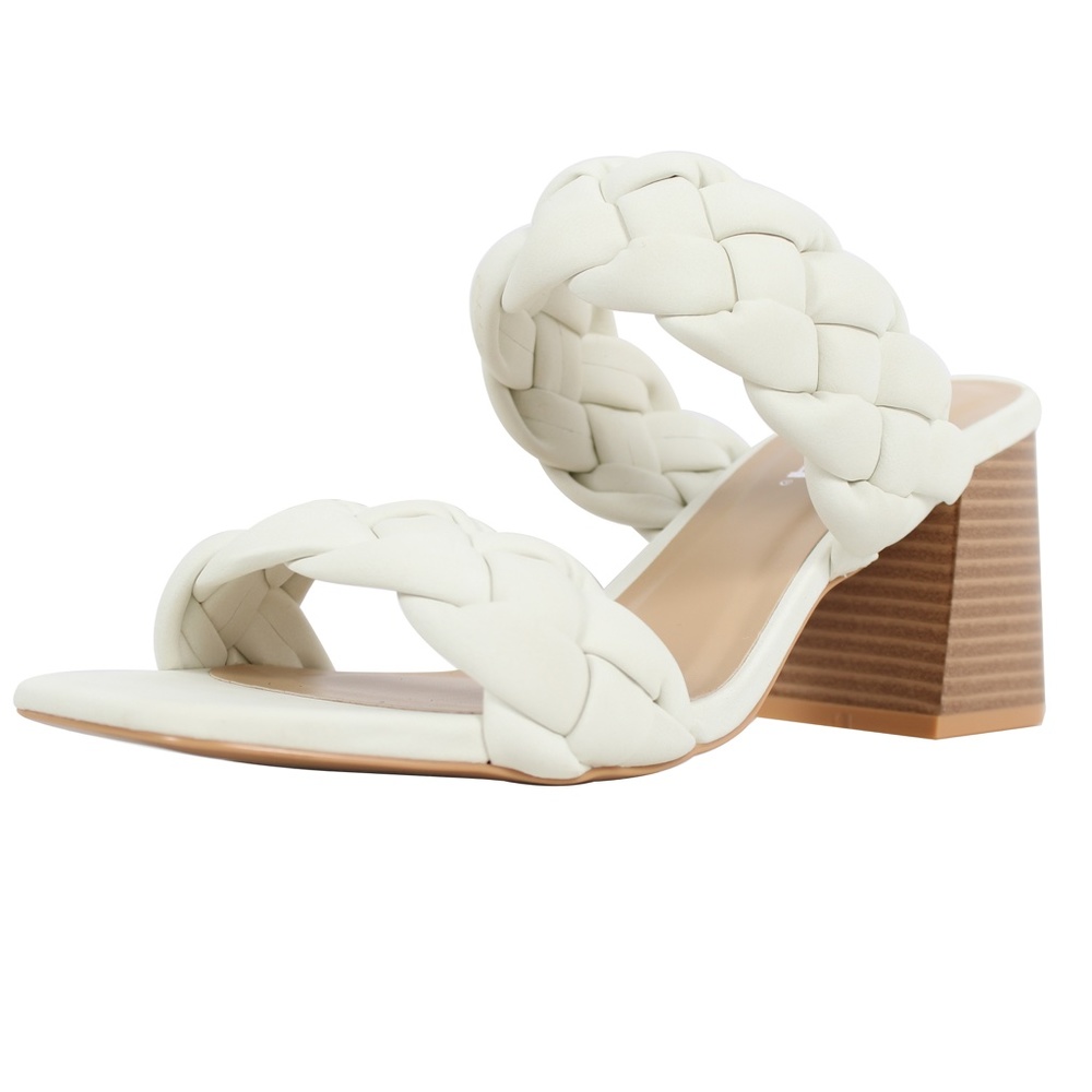 White Braided Open Toe Double Strap Stacked Heels - Picture 3 of 5